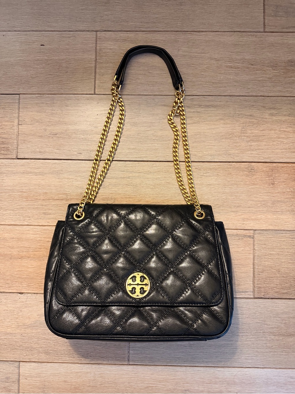 Tory Burch Black Quilted Leather Shoulder Bag with Gold Chain Strap